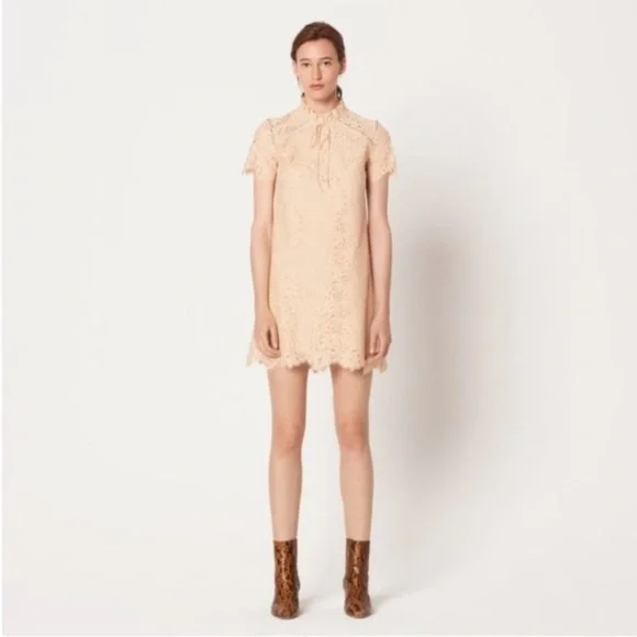 Sandro Peach High Neck Lace Rhinestones Cocktail Mini Dress size 40/ US4 - Picture 2 of 16